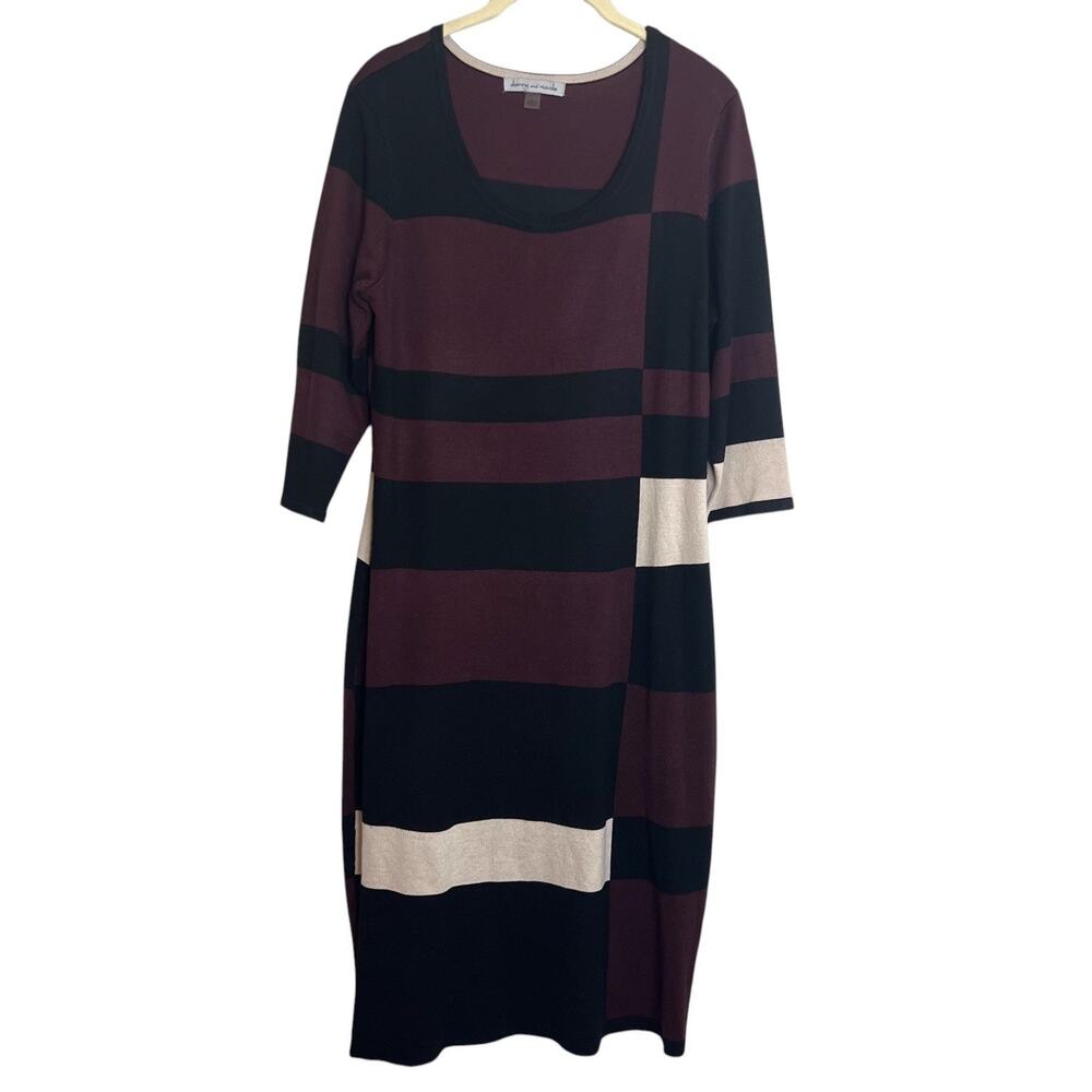 Danny and Nicole Colorblock Sweater Dress Large Black Burgundy Beige Midi